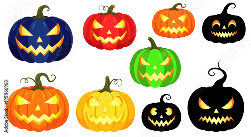 Colorful Halloween Jack-o-Lanterns Collection, Spooky Pumpkins with Glowing Faces