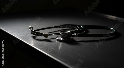 Stethoscope on Dark Surface in Medical Environment with Soft Light