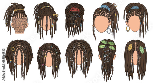 Foto Diverse Dreadlock Hairstyles Collection - Braids, Beads, and Accessories