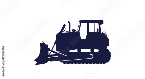 Dark Blue Silhouette of a Bulldozer on White Background
