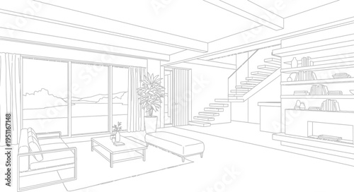 Contemporary outline illustration of a spacious living room featuring modern furniture, large window views, a floating staircase, and built-in bookshelves.
