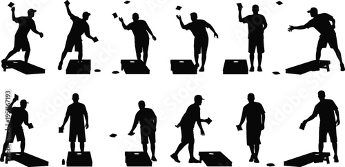 Cornhole players throwing bean bags silhouette set, outdoor lawn game activity collection, black and white vector illustration, backyard recreation, toss game poses isolated design