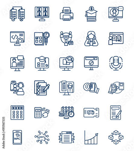 Minimalist line icon set for digital education, online tutoring, fintech solutions, and blockchain network technology.
