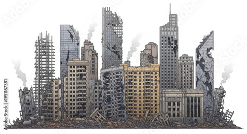 City Skyline with Damaged Buildings.
