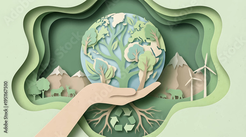 Eco-friendly world in hand with nature, renewable energy and mountains, illustration