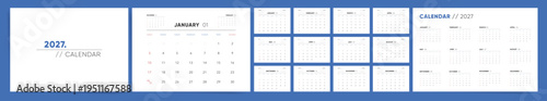 Calendar 2027. Calendar templates 2027 for wall and desk use. Set of ready to print annual layouts - 12 months pages. Business minimal modern 2027 calendar.
