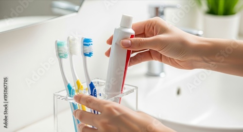 Person Holding Toothpaste Tube Near Colorful Toothbrushes in Bathroom