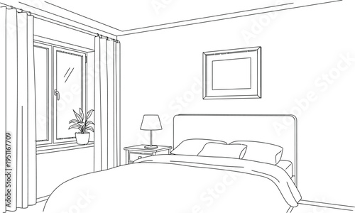 A simple line art drawing of a cozy bedroom interior featuring a bed, nightstand, lamp, window, and plant, illustrating a minimalist home space.