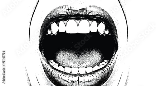 A black and white illustration of an open mouth with teeth isolated on white background