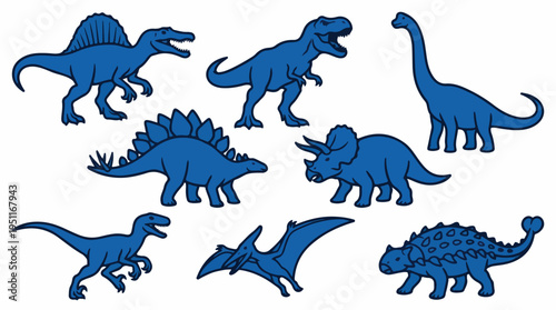 Collection of various blue dinosaur silhouettes on a white background, representing different prehistoric species.