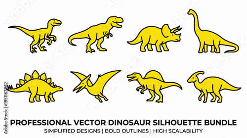Collection of eight simplified yellow dinosaur silhouettes on a white background, perfect for educational or design purposes.