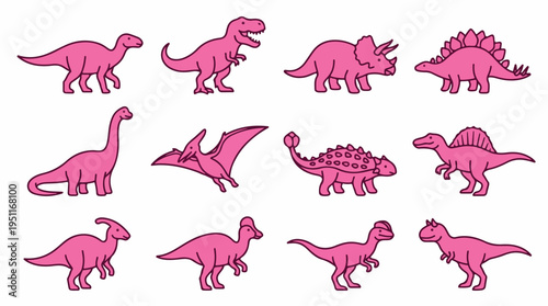 Collection of pink cartoon dinosaurs, including Tyrannosaurus Rex, Triceratops, Stegosaurus, and more, isolated on a white background.