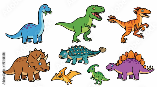 A collection of cute cartoon dinosaurs, including a Brontosaurus, Tyrannosaurus Rex, Velociraptor, Triceratops, Ankylosaurus, Stegosaurus, Pterodactyl, and Parasaurolophus.