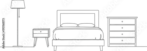 Clean line art illustration showcasing essential bedroom furniture, featuring a comfortable bed, stylish nightstand, practical dresser, and elegant floor lamp.