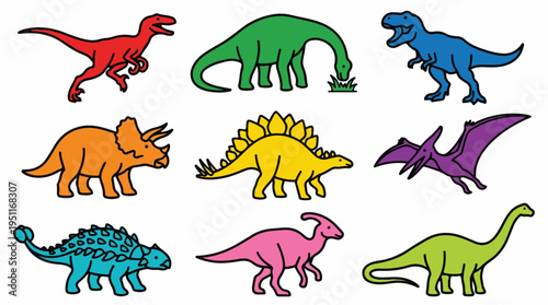 Collection of colorful cartoon dinosaurs in various poses and species, perfect for children's illustrations and educational materials.