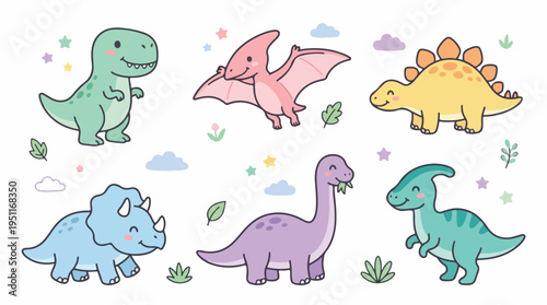 A collection of cute, cartoon dinosaurs in various colors and poses, surrounded by soft clouds and stars.