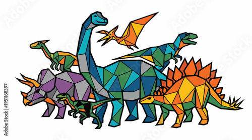A vibrant and colorful illustration of a diverse group of dinosaurs in a geometric, low-poly style.
