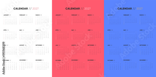 One Page Calendar 2027. Set of colorful annual layouts for wall and desk. Modern minimal 2027 calendar in white, red and blue.
