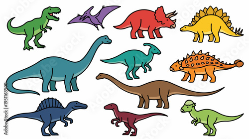 A collection of colorful cartoon dinosaurs, including a Tyrannosaurus Rex, Triceratops, Stegosaurus, and Brachiosaurus, on a white background.