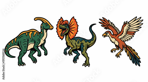 Three different types of dinosaurs illustrated on a white background.