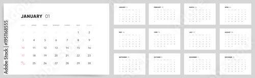 2027 Calendar template design. Week starts on Sunday office calendar. Clean minimalist monthly calendar. Corporate or business design.
