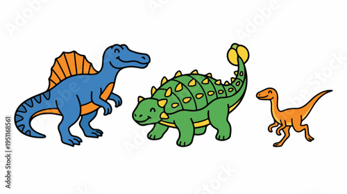Three cartoon dinosaurs, including a Spinosaurus, Ankylosaurus, and Velociraptor, smiling and standing together against a white background.