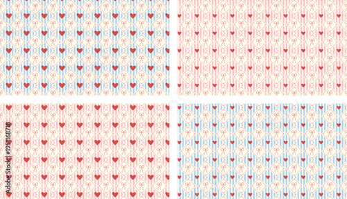 A delicate and romantic texture in pink-cream and blue-cream colors with red elements in a popular striped background texture, over which are depicted rhombuses containing an accent bow and red hearts