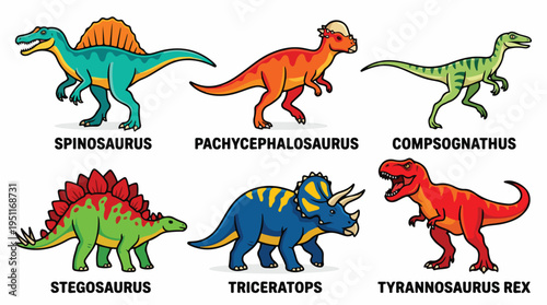 Collection of six different cartoon dinosaurs with their names labeled below each creature.