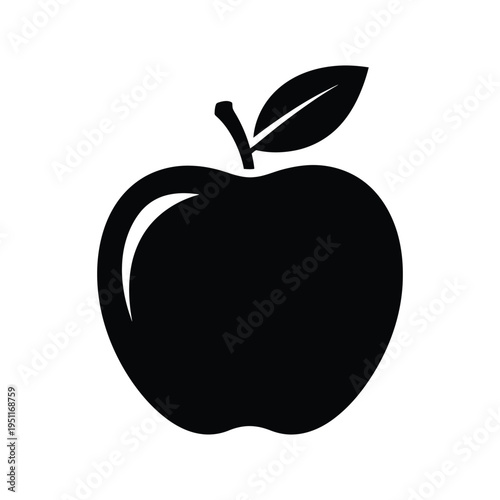 A simple vector illustration of a fresh red apple with a green leaf on a black background representing healthy natural food