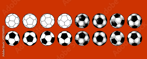 Mega Pack of 16 Soccer Ball Variations Featuring Various Artistic Shading Styles and Textures.