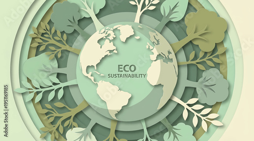 Eco sustainability papercut globe illustration with trees and leaves representing environmental protection and ecological balance