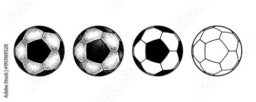 Set of Four Professional Soccer Ball Icons with Different Shading and High Quality Technical Detail.