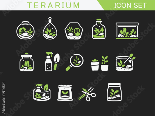 A clean and modern set of terrarium icons featuring jars plants tools and micro garden elements designed with minimal shapes and limited colors for easy vector tracing