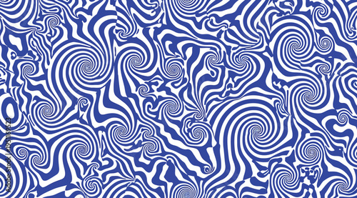 Vibrant blue and white swirling pattern with wavy lines and shapes in a mesmerizing optical illusion design