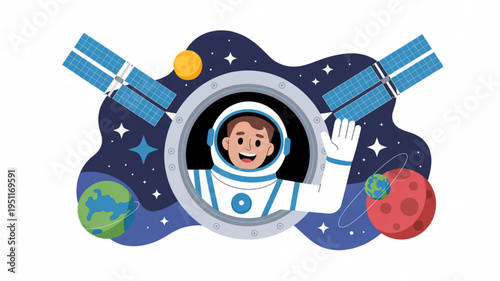 Astronaut waving from spaceship window surrounded by planets stars and satellites vector illustration for space exploration and science concepts