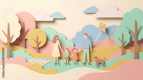 Family enjoying a day in the park with a dog, kite flying high in a charming paper cutout landscape illustration