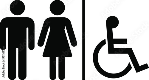 Black male female and disabled restroom signs on white background Keywords: restroom sign, toilet sign, bathroom sign, men's