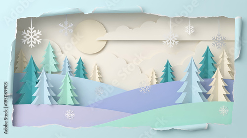 Serene winter wonderland created with beautiful paper cutouts, depicting a peaceful snow-covered forest and mountains under a gentle sky