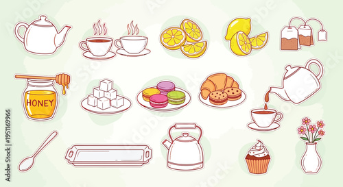 Collection of tea time essentials and breakfast items including teapots, cups, lemons, honey, sugar, macarons, croissants, and flowers.