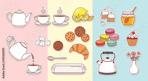 Collection of charming cartoon illustrations featuring tea time essentials, including teapots, cups, pastries, and sweet treats.
