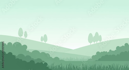 Serene green landscape with rolling hills trees and grassy field in soft calming light evoking peaceful atmosphere
