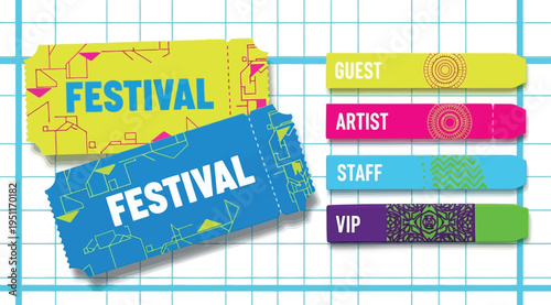 Colorful festival wristband tickets for guest, artist, staff, and vip on white background