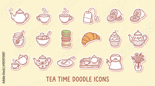 A charming collection of hand-drawn tea time doodle icons featuring teapots, cups, pastries, and sweets on a light background.