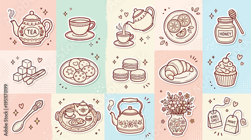 A collection of hand-drawn line art illustrations depicting various tea time elements, including teapots, cups, snacks, and desserts.