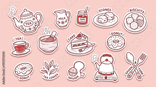 Cute hand-drawn sticker set featuring various tea time essentials and sweet pastries on a pink background, perfect for a cozy afternoon tea party.