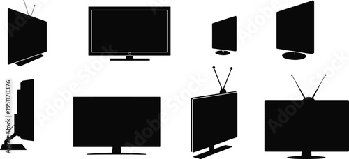 Television and monitor silhouette set, modern TV screens and retro antenna television icons, black electronic display collection isolated