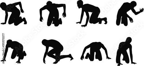 Man, silhouette, crawling, starting, pose, runner, athlete, movement, action, training, fitness, sport, body, gesture, black, isolated, icon, set, vector, collection