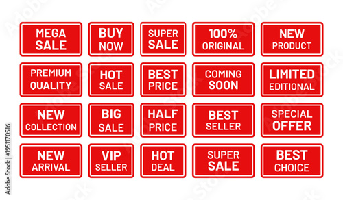 New arrival label collection. Sale stamp imprint. Set of red sold out emblem in frame. Rectangle best price stickers. Marketing retail badge. Text box with buy tags. Sale product mark. Vector illustra