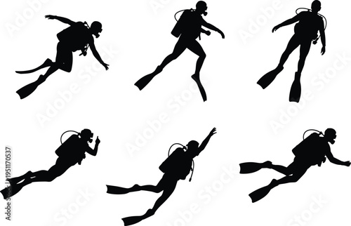 Scuba, diver, silhouettes, underwater, diving, ocean, sea, swimmer, equipment, fins, tank, exploration, marine, adventure, sport, black, isolated, icon, set, collection