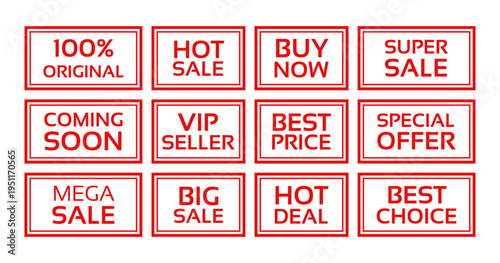 Set rectangle sale stickers. Best price product mark. Red marketing retail badge. Sold out emblem in frame. Sale stamp imprint. New arrival label in border. Text box with buy tags. Vector illustration